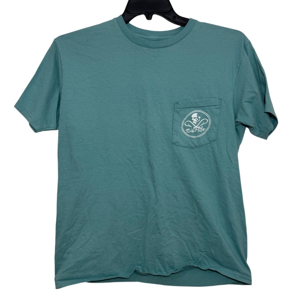 Salt Life Mens Pocket T-Shirt Medium Teal Skull Fish Hooks Graphic Tee Summer